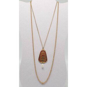 Stained Glass Inspired Pendant Necklace With Faux Pearl Drop On Long Gold Tone